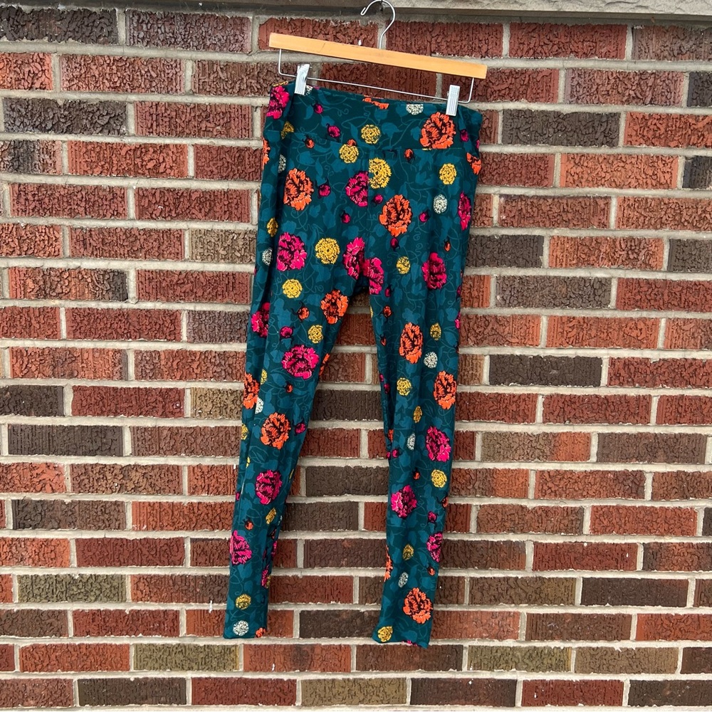 LuLaRoe Teal Blue and Multicolored Floral Mid Rise Leggings